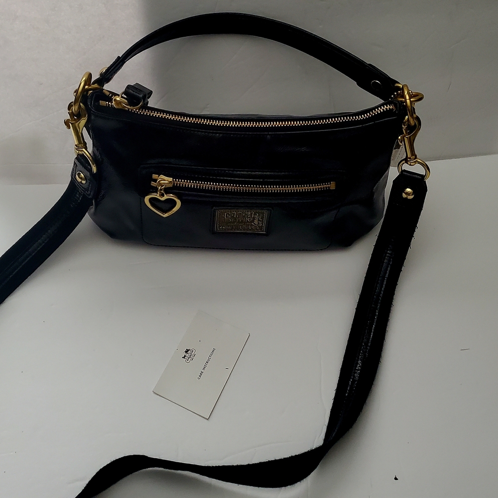Black Coach Crossbody Bag with Gold Hardware and Detachable Strap
